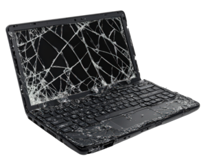 broken laptop with shattered screen, showcasing visible cracks and damage. keyboard remains intact, highlighting contrast between functionality and damaged display