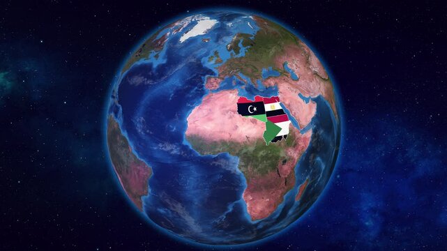 Earth Zooming on Egypt And Neighbour Countries Highlighted with their flags