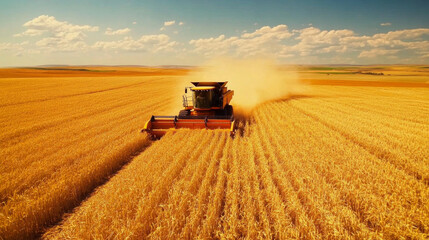 Obraz premium A combine harvester operates in a vast golden field during harvest season under a clear blue sky