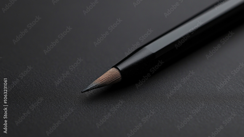 Poster close-up view of a sharpened black pencil resting on a dark surface, showcasing its fine tip and sle