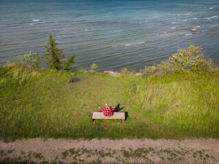 A girl in a shirt does yoga outdoors on the seashore on a summer day, photo view from a drone.