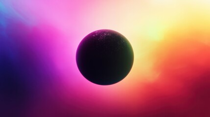 dark black sphere against a radiant vibrant gradient backdrop. Mysterious silhouette against rainbow gradient. Black hole with ambiance light effect.