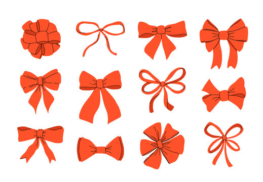 Red bows. Hand drawn silk bow for holidays present boxes, Birthday gifts red ribbon decoration flat vector illustration set. Cartoon bows collection