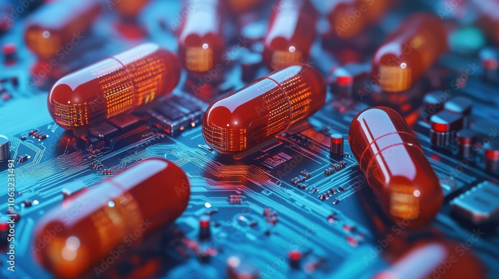 Aufkleber digital visualization of capsules on a circuit board, symbolizing computational drug discovery.