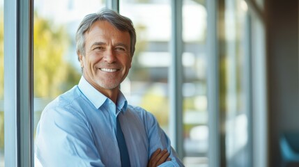 Fototapeta premium Head And Shoulders Portrait Of Smiling Mature Businessman Standing By Window In Office