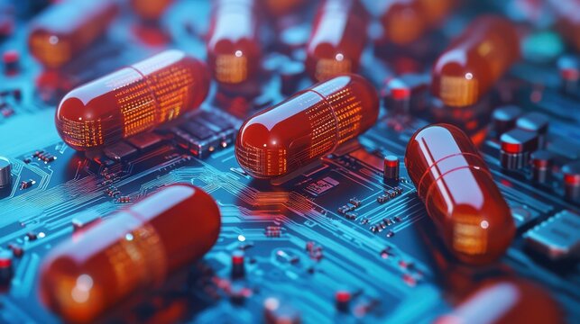 Digital visualization of capsules on a circuit board, symbolizing computational drug discovery.