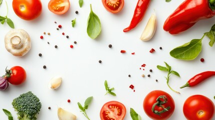 Healthy vegetarian food. Different vegetables on white background, flat lay. Space for text