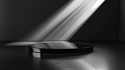 Minimalist dark podium with dramatic lighting and shadows
