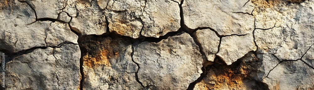 Poster cracked and weathered stone surface with deep fissures and patches of rust