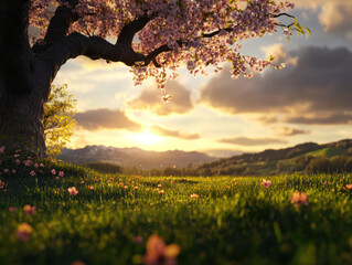Beneath a cherry blossom tree, blossoms scatter across a vibrant green field as the sun sets behind distant mountains, casting a warm glow over the landscape.