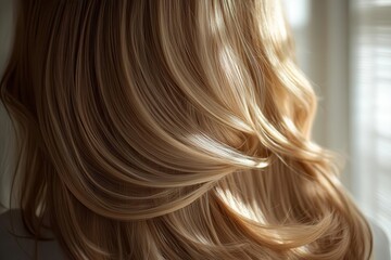 A close-up view of beautifully styled long blonde hair, featuring smooth waves illuminated by soft natural light.
