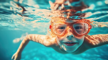 Naklejka premium Captivating underwater closeup shot of a child wearing swim goggles, exploring the clear blue pool water. The ripples above add a dynamic effect to this vibrant and playful summer