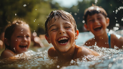 Fototapeta premium Children joyfully splashing and laughing together in a sunny swimming area during a summer day