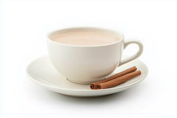 Obraz premium close up white Cup of chai tea sitting in a saucer. 2 cinammon stick are resting on the saucer, isolated