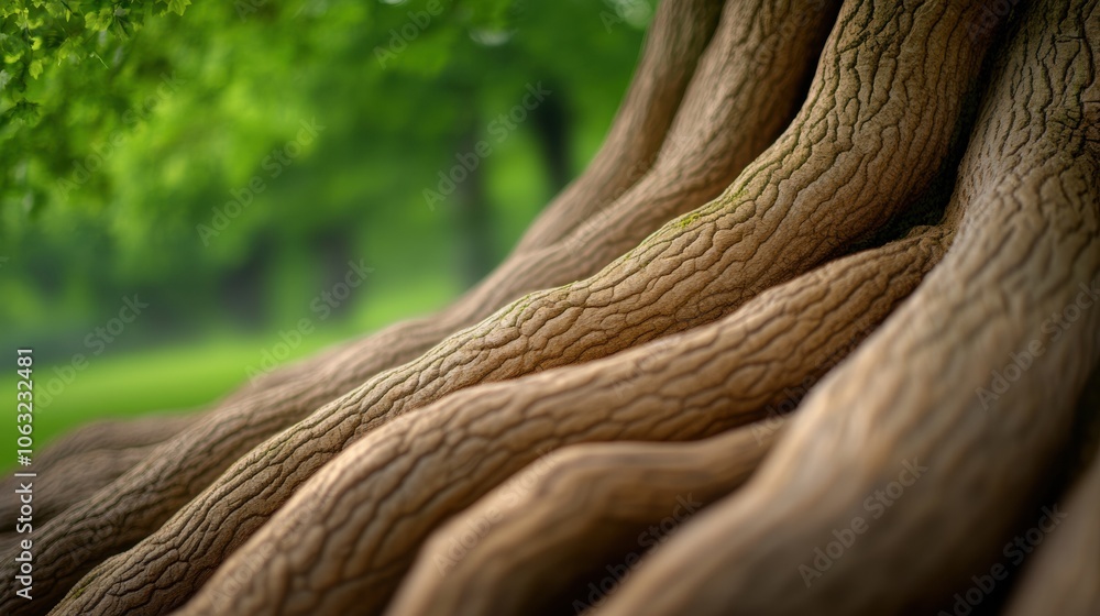 Poster twisted tree roots create a mesmerizing pattern in a lush green forest, ai