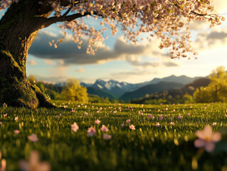On a sunny spring afternoon, a cherry blossom tree stands majestically, shedding pink petals across a green field with mountains rising in the distance.