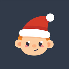 young boy head wearing santa hat in flat vector design.