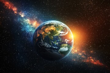 stunning view of Earth as seen from the vastness of space, with the planet's bright blue oceans and swirling white clouds sharply contrasting against the infinite darkness of space