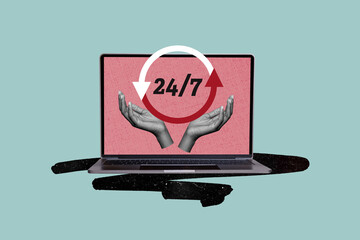 Composite trend artwork 3D sketch image photo collage of workspace help support customer service 24 7 arrow circle laptop online remote