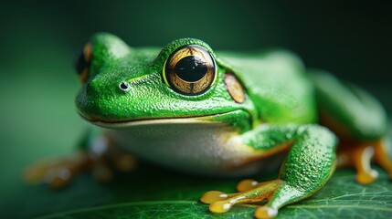Obraz premium Vivid Close-Up of Frog with Dew on Leaf