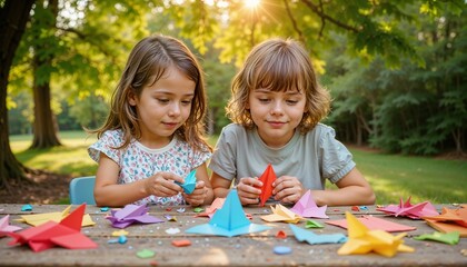 Fototapeta premium Two young girls with happy expressions creating paper crafts outdoors in summer 