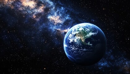 Obraz premium stunning view of Earth as seen from the vastness of space, with the planet's bright blue oceans and swirling white clouds sharply contrasting against the infinite darkness of space