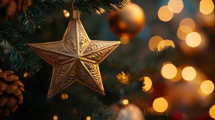 Elegant golden star ornaments with detailed patterns, hanging from a richly decorated Christmas tree, catching the soft glow of nearby lights. 4K hyperrealistic photo.