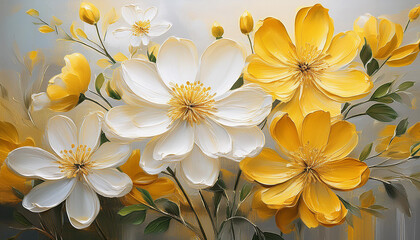 Fototapeta premium Abstract oil painting of yellow and white flowers. Floral art. Beautiful nature. Hand drawn
