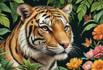 Tiger in a forest area among leaves and flowers