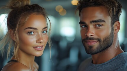 A pair of personal trainers showcase their fitness knowledge and charisma in a close-up setting at the gym, engaging and motivating potential clients with their energy