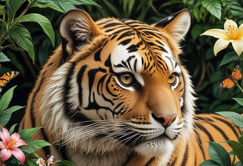 Fototapeta premium Tiger in a forest area among leaves and flowers