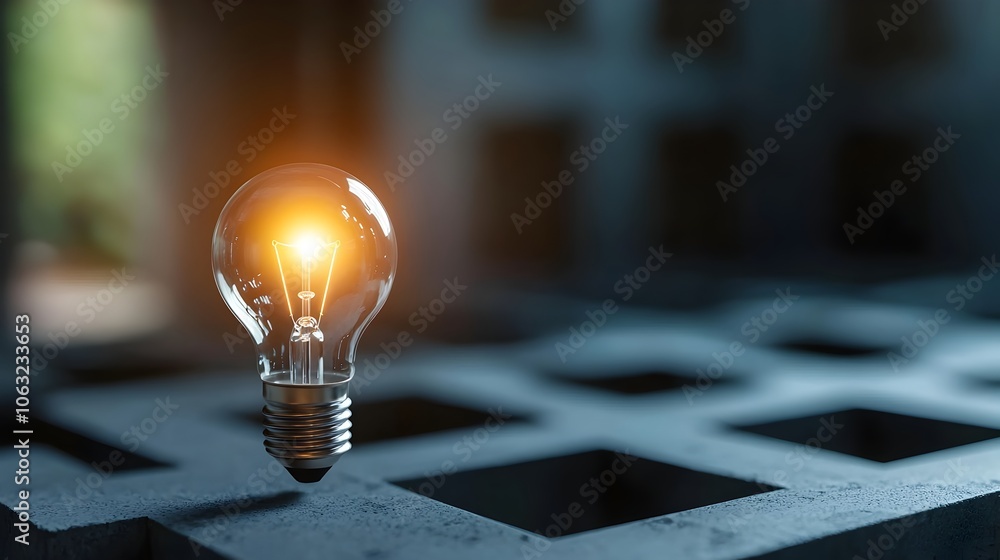 Poster a single solitary light bulb illuminating the shadowy corners and deep recesses of a complex geometr