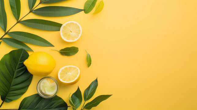 Vibrant arrangement of lemons and green leaves on a bright yellow background, ideal for product branding space and fresh imagery