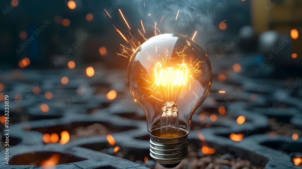 Poster a bright light bulb engulfed in flames its incandescent glow radiating through a complex labyrinthin
