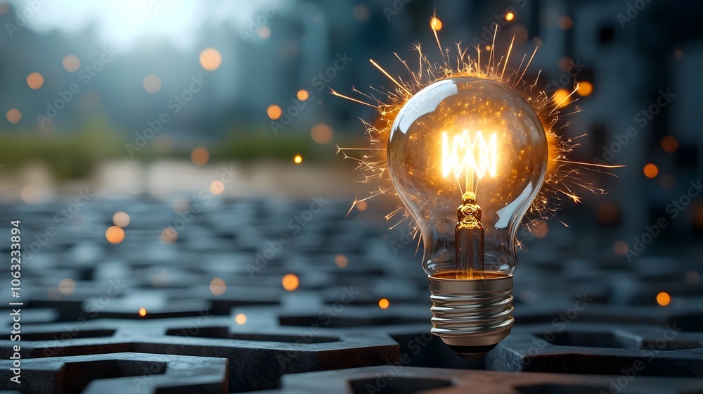 Poster a bright light bulb engulfed in flames suspended within a complex labyrinth of dark pathways and fli