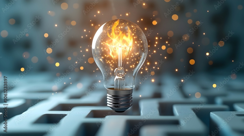 Poster a fiery light bulb emitting radiant flames suspended over a detailed maze with glowing sparkles scat
