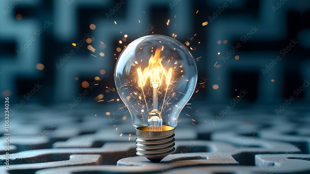 Fototapete A light bulb with a blazing fire at its core placed at the center of a dark winding maze where sparks light up intricate pathways representing the power of creativity innovation