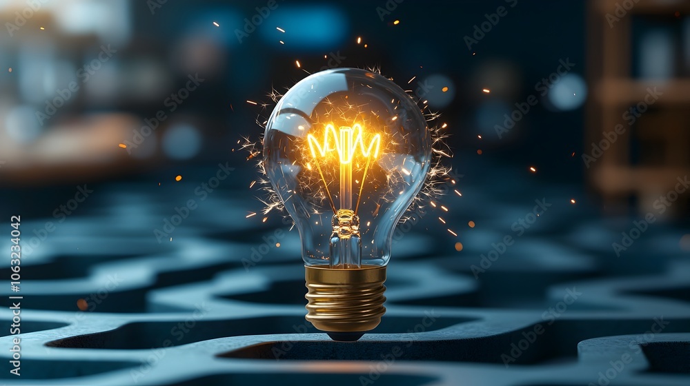 Poster A light bulb with blazing fire inside placed at the center of a dark maze where sparks light up intricate pathways representing the power of innovation and creativity to illuminate the unknown