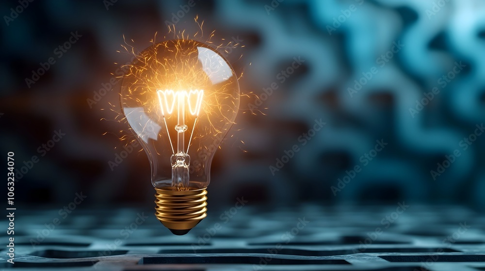 Poster a radiant flaming light bulb floating above a maze of endless twists and turns with electric sparks 