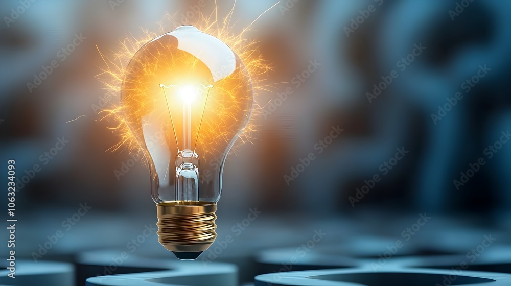 Poster A radiant flaming lightbulb floating above a maze of endless twists and turns with electric sparks flashing through the intricate serpentine pathways