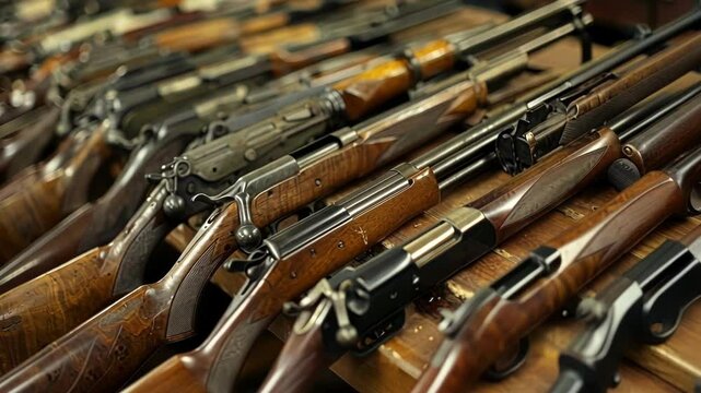 Collection of rifles with wooden stocks are lined up on a table, emphasizing the potential dangers and importance of responsible gun ownership and security