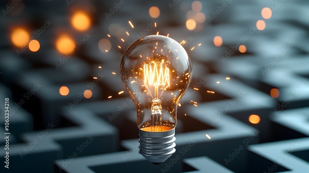 Poster A light bulb consumed by flames suspended in a complex labyrinth of geometric patterns and flickering sparks creating a captivating display of energy power and innovative illumination