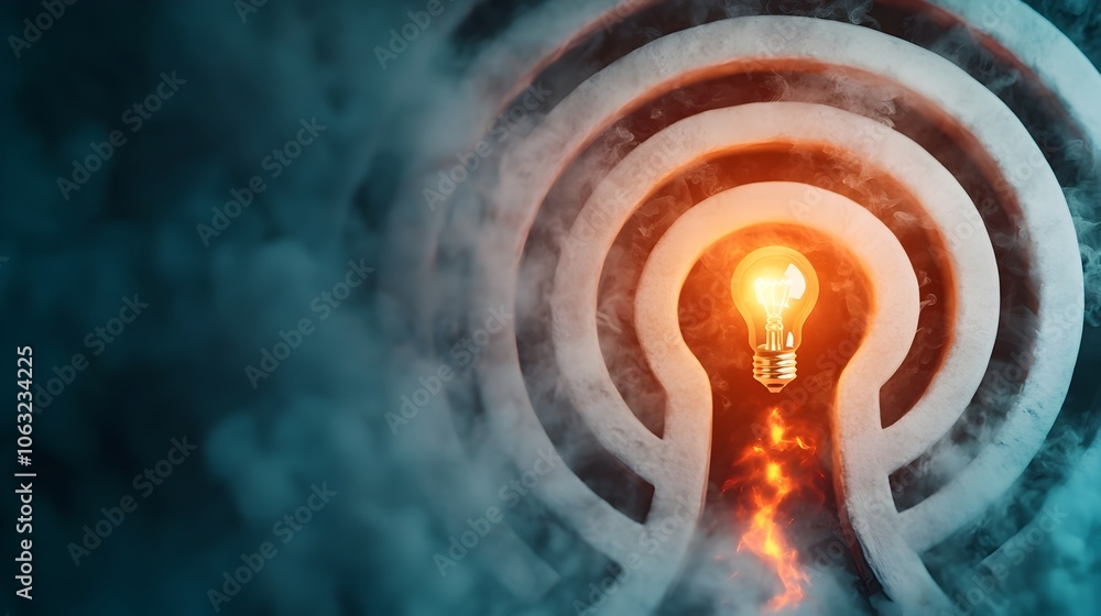 Poster Close up of a glowing labyrinth with a fiery lightbulb at the exit illuminating a path against a deep blue and white background symbolizing creative solutions and innovative problem solving