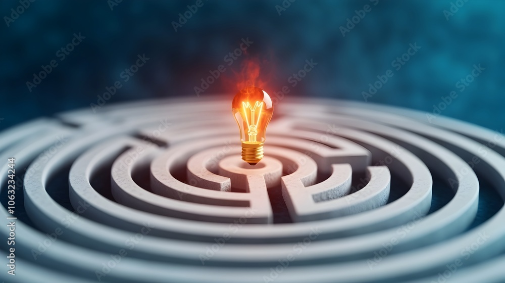Leinwandbilder Glowing labyrinth with a fiery lightbulb at the exit illuminating a path against a deep blue and white background symbolizing creative solutions and innovative breakthroughs
