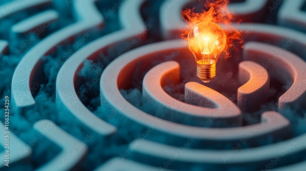 Poster glowing labyrinth with a fiery lightbulb at the exit illuminating a path against a deep blue and whi