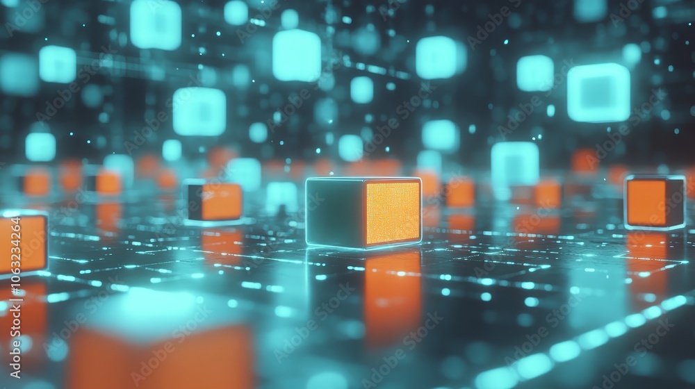 Poster radiant orange core within translucent cube, a 3d abstract composition of light and contrast