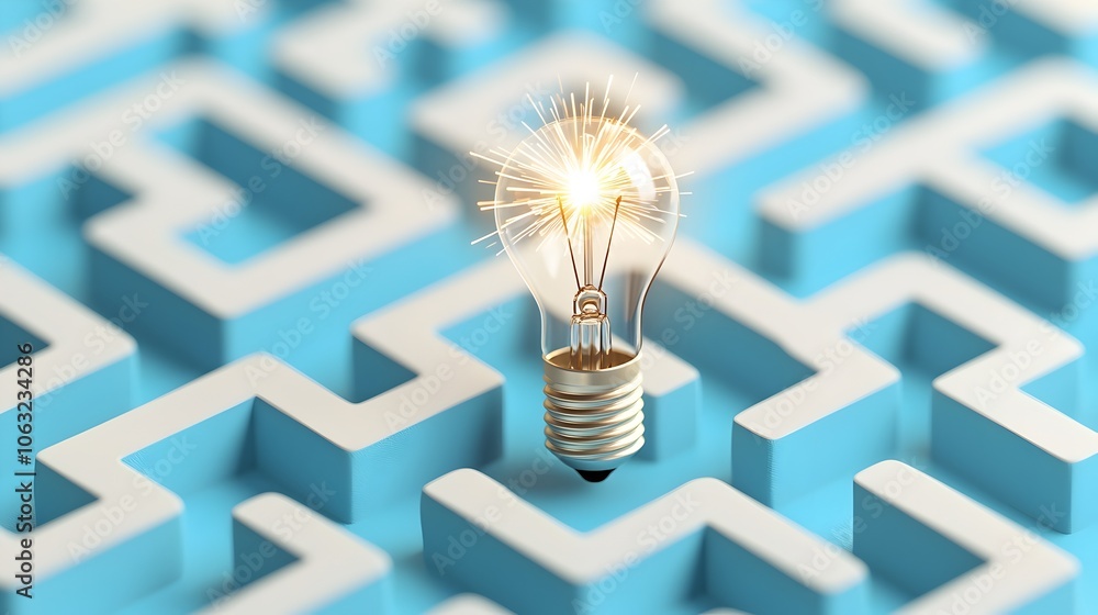Poster bright sparkling lightbulb shining at the exit of a stylized maze symbolizing progressive problem so