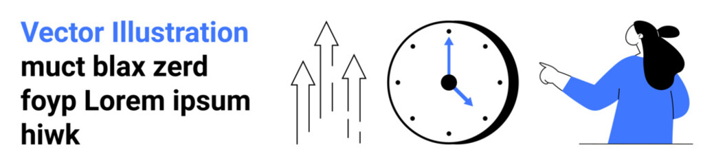 Businesswoman pointing right, clock showing nine, and three upward arrows. Ideal for productivity, time management, growth strategy, deadlines, business planning, efficiency. Banner for landing page