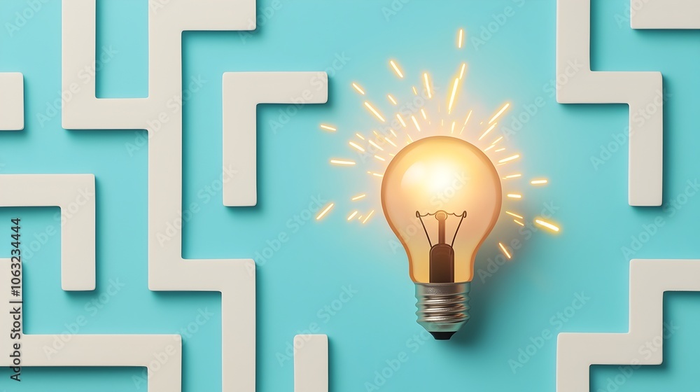 Aufkleber radiant lightbulb at the end of a creative maze design glowing with sparks highlighting new ideas an