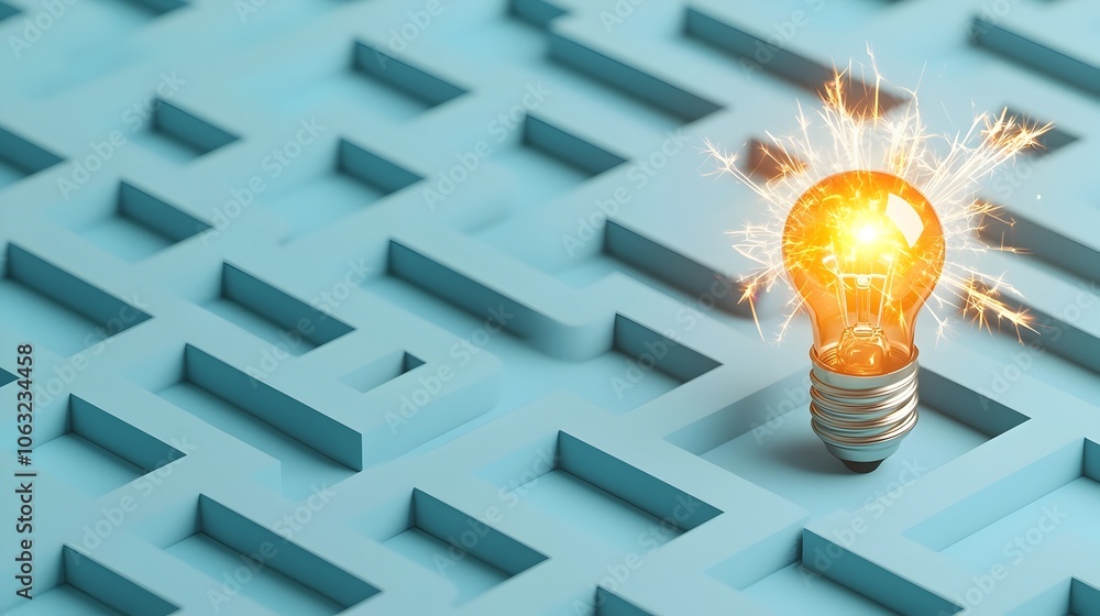 Poster An intricate winding maze leading to a bright fiery bulb at the exit surrounded by a shower of sparks against a deep blue background